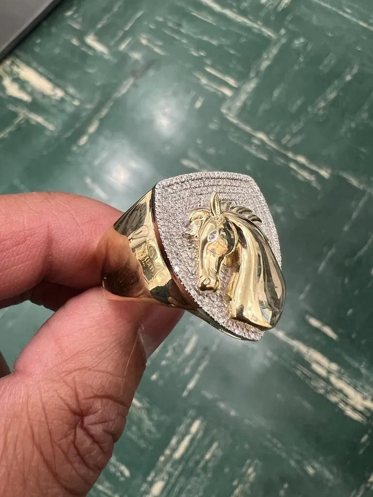10k Gold Diamond Horse Ring, Mans Diamond Horse Ring, 0.30CT Diamond Ring Hip Hop Diamond Ring, Horse Ring 9.22 Grams, Gift for Him, Size 10