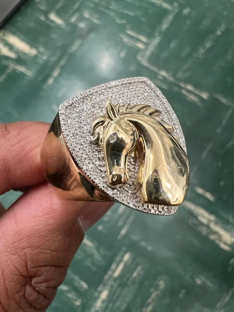 10k Gold Diamond Horse Ring, Mans Diamond Horse Ring, 0.30CT Diamond Ring Hip Hop Diamond Ring, Horse Ring 9.22 Grams, Gift for Him, Size 10