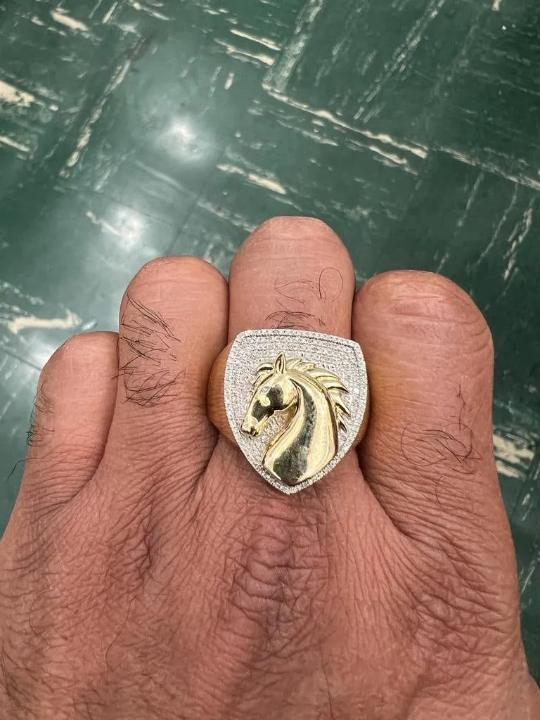 10k Gold Diamond Horse Ring, Mans Diamond Horse Ring, 0.30CT Diamond Ring Hip Hop Diamond Ring, Horse Ring 9.22 Grams, Gift for Him, Size 10