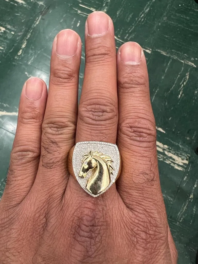 10k Gold Diamond Horse Ring, Mans Diamond Horse Ring, 0.30CT Diamond Ring Hip Hop Diamond Ring, Horse Ring 9.22 Grams, Gift for Him, Size 10