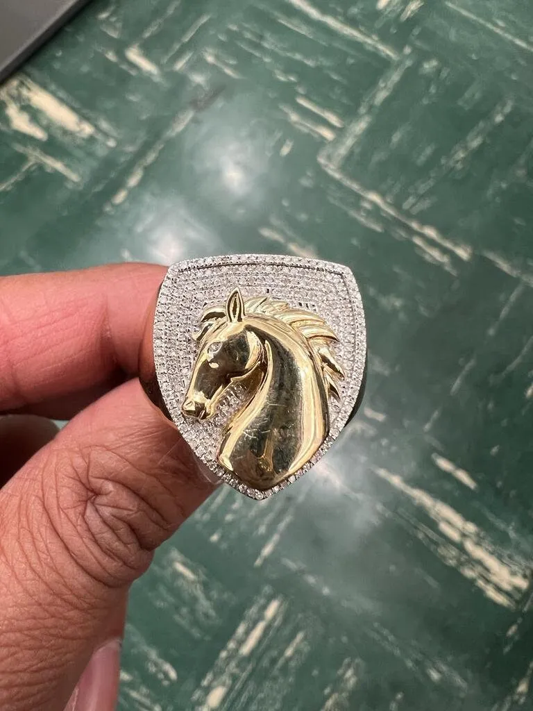 10k Gold Diamond Horse Ring, Mans Diamond Horse Ring, 0.30CT Diamond Ring Hip Hop Diamond Ring, Horse Ring 9.22 Grams, Gift for Him, Size 10