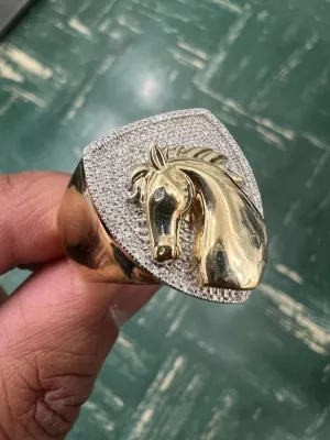 10k Gold Diamond Horse Ring, Mans Diamond Horse Ring, 0.30CT Diamond Ring Hip Hop Diamond Ring, Horse Ring 9.22 Grams, Gift for Him, Size 10