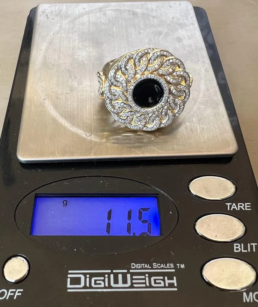10K Mens Black Onyx & Diamond Finger Ring, Yellow Gold Pinky Men's Ring Band .60Ct 11.5 Grams, Size 10, Mens Diamond Link Ring Gift for Him