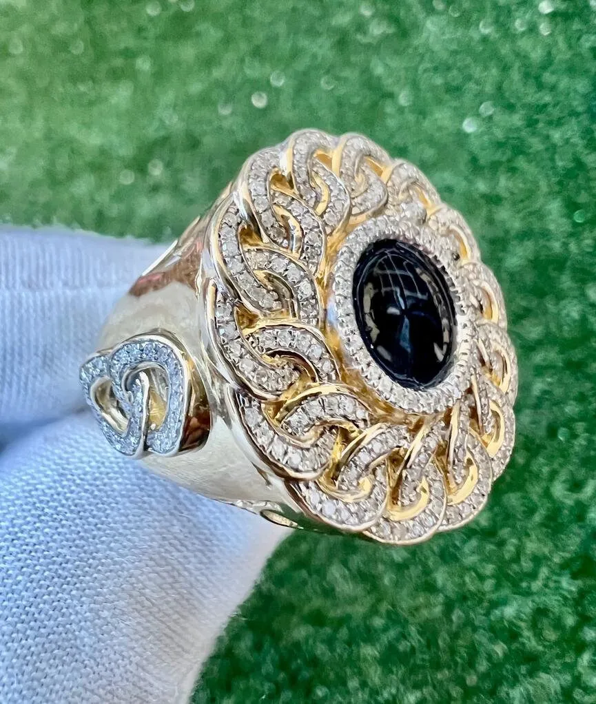 10K Mens Black Onyx & Diamond Finger Ring, Yellow Gold Pinky Men's Ring Band .60Ct 11.5 Grams, Size 10, Mens Diamond Link Ring Gift for Him