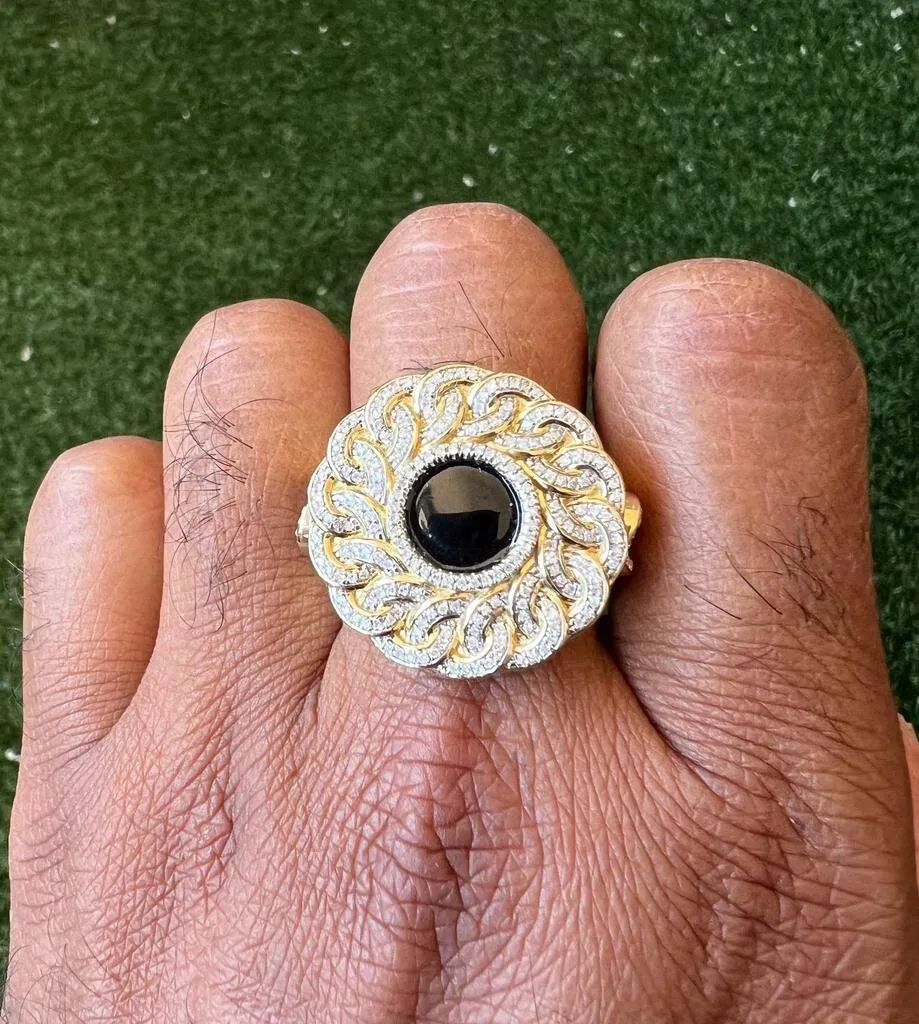 10K Mens Black Onyx & Diamond Finger Ring, Yellow Gold Pinky Men's Ring Band .60Ct 11.5 Grams, Size 10, Mens Diamond Link Ring Gift for Him
