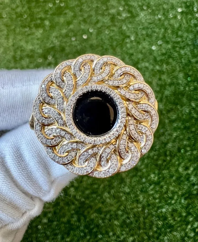 10K Mens Black Onyx & Diamond Finger Ring, Yellow Gold Pinky Men's Ring Band .60Ct 11.5 Grams, Size 10, Mens Diamond Link Ring Gift for Him