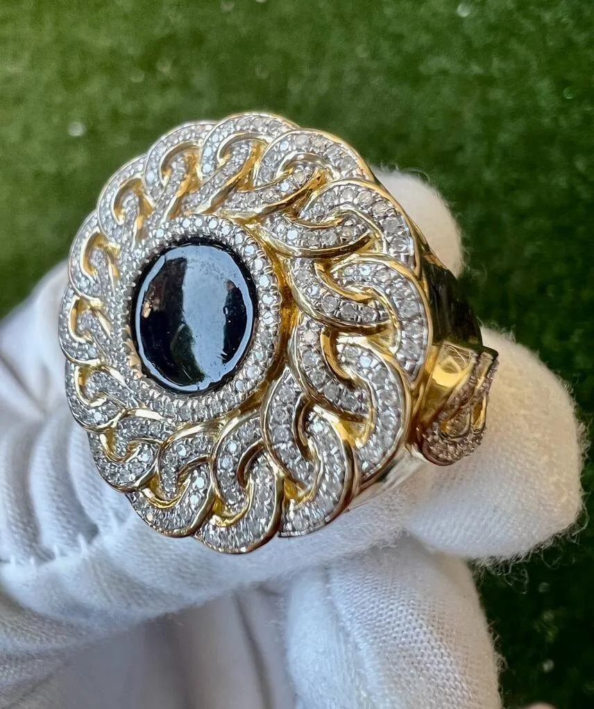 10K Mens Black Onyx & Diamond Finger Ring, Yellow Gold Pinky Men's Ring Band .60Ct 11.5 Grams, Size 10, Mens Diamond Link Ring Gift for Him