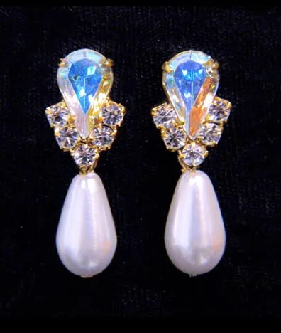 #5538ABG - Rhinestone Pear V Pearl Drop Earrings - AB Gold Plated