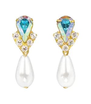 #5538ABG - Rhinestone Pear V Pearl Drop Earrings - AB Gold Plated