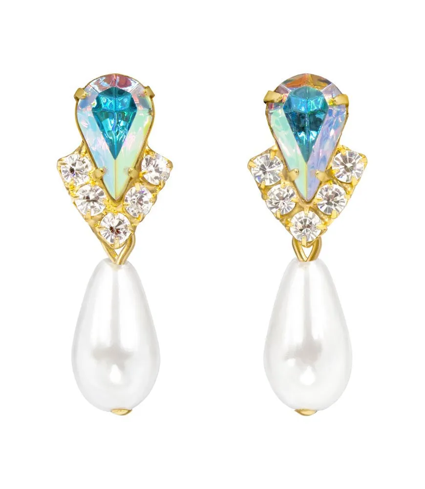 #5538ABG - Rhinestone Pear V Pearl Drop Earrings - AB Gold Plated