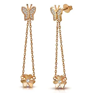 925 Sterling Silver White Clear CZ Butterfly Flower Dangle Drop Earrings, 1.70"