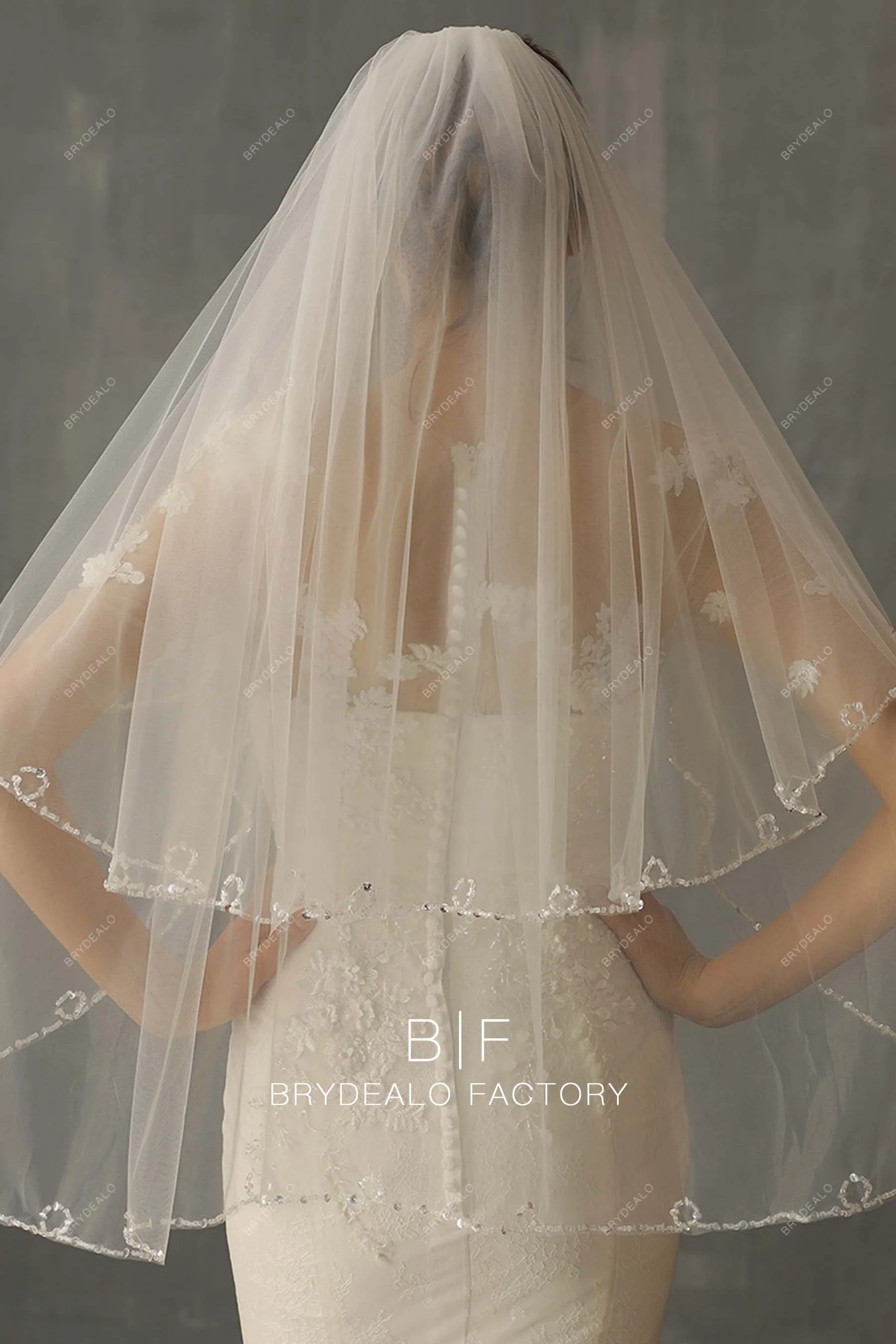 Beaded Two-tiered Fingertip Length Wedding Veil