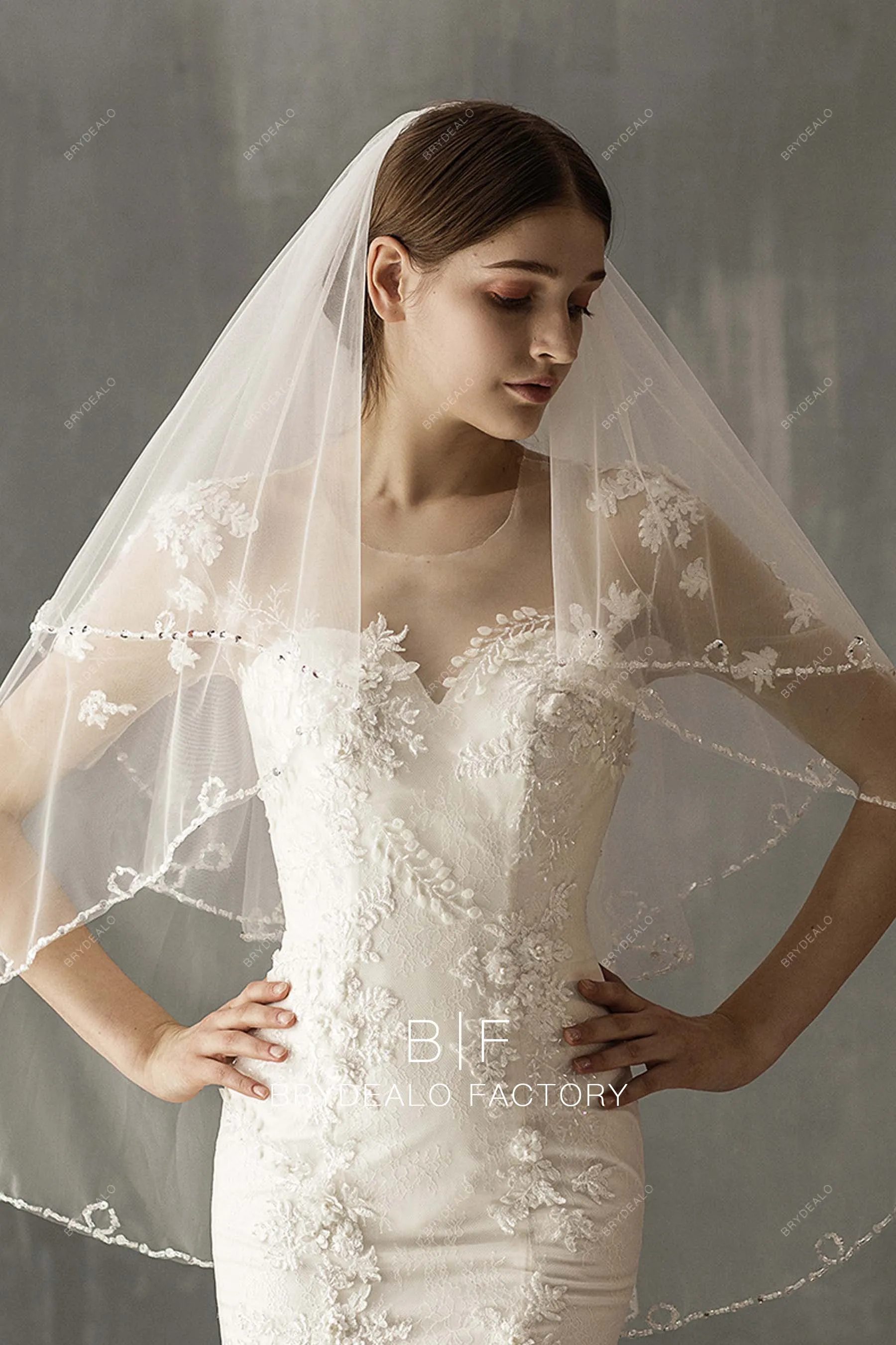 Beaded Two-tiered Fingertip Length Wedding Veil