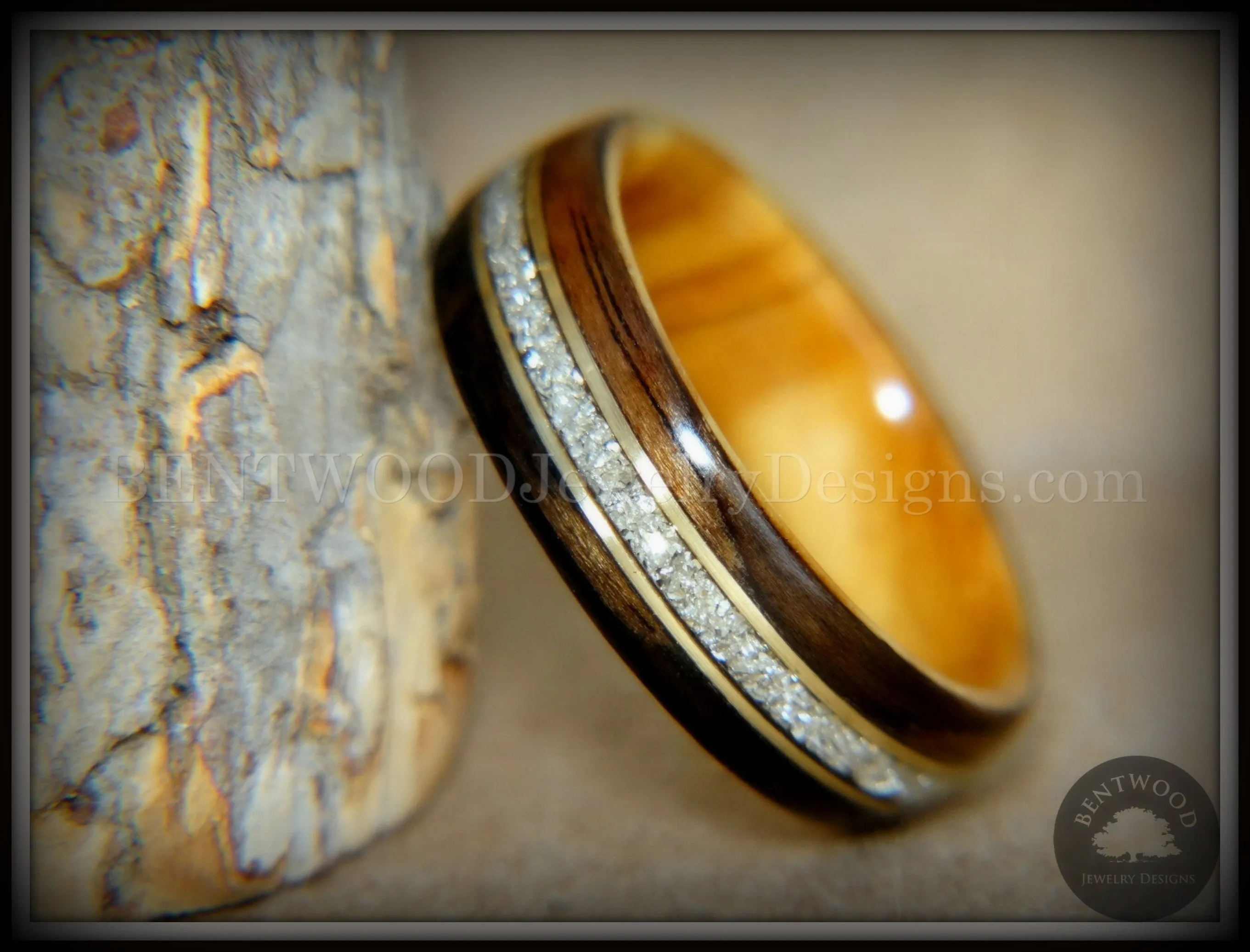 Bentwood Ring - "Tracks" Ebony Wood Ring Gold Wire and Glass Inlay