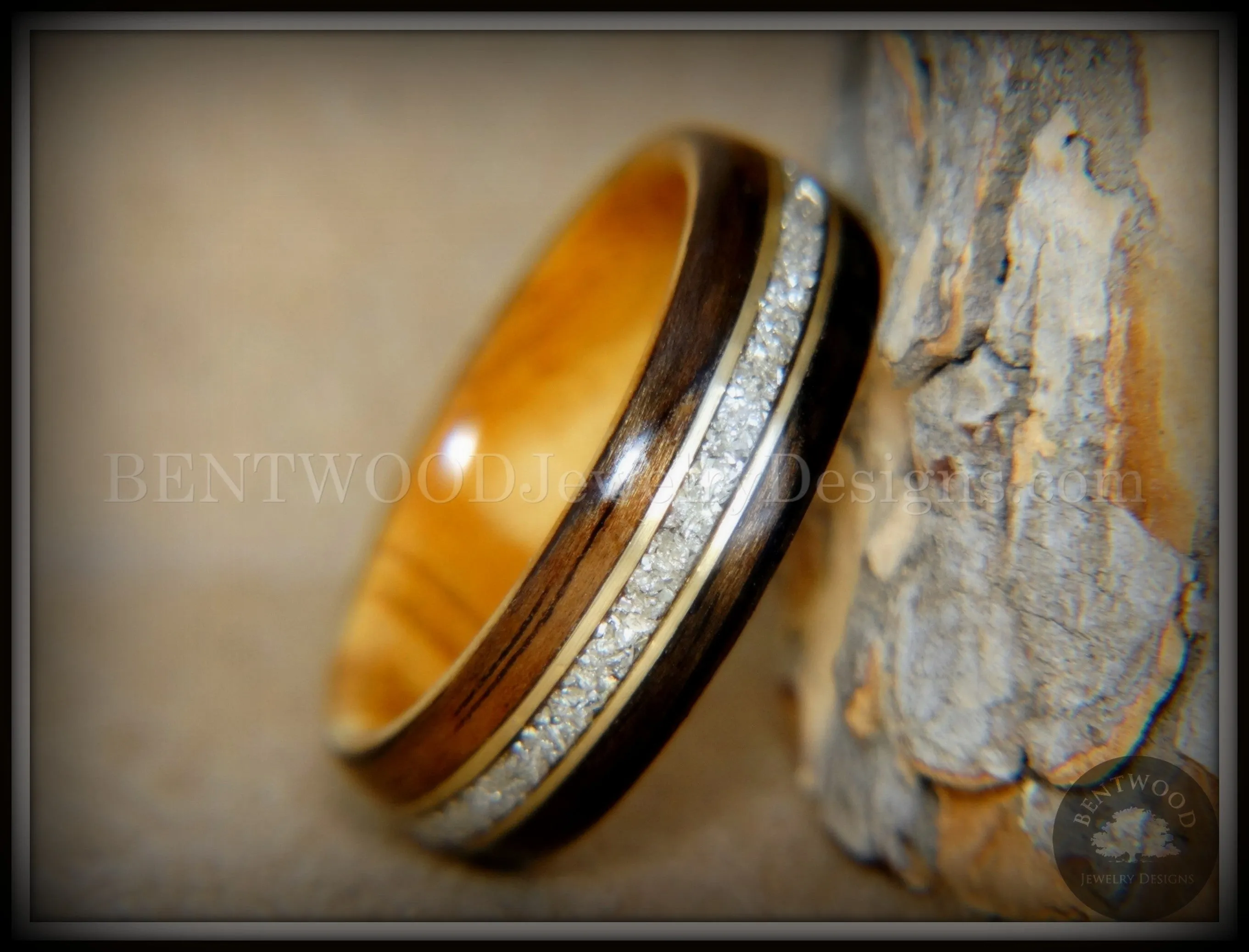 Bentwood Ring - "Tracks" Ebony Wood Ring Gold Wire and Glass Inlay