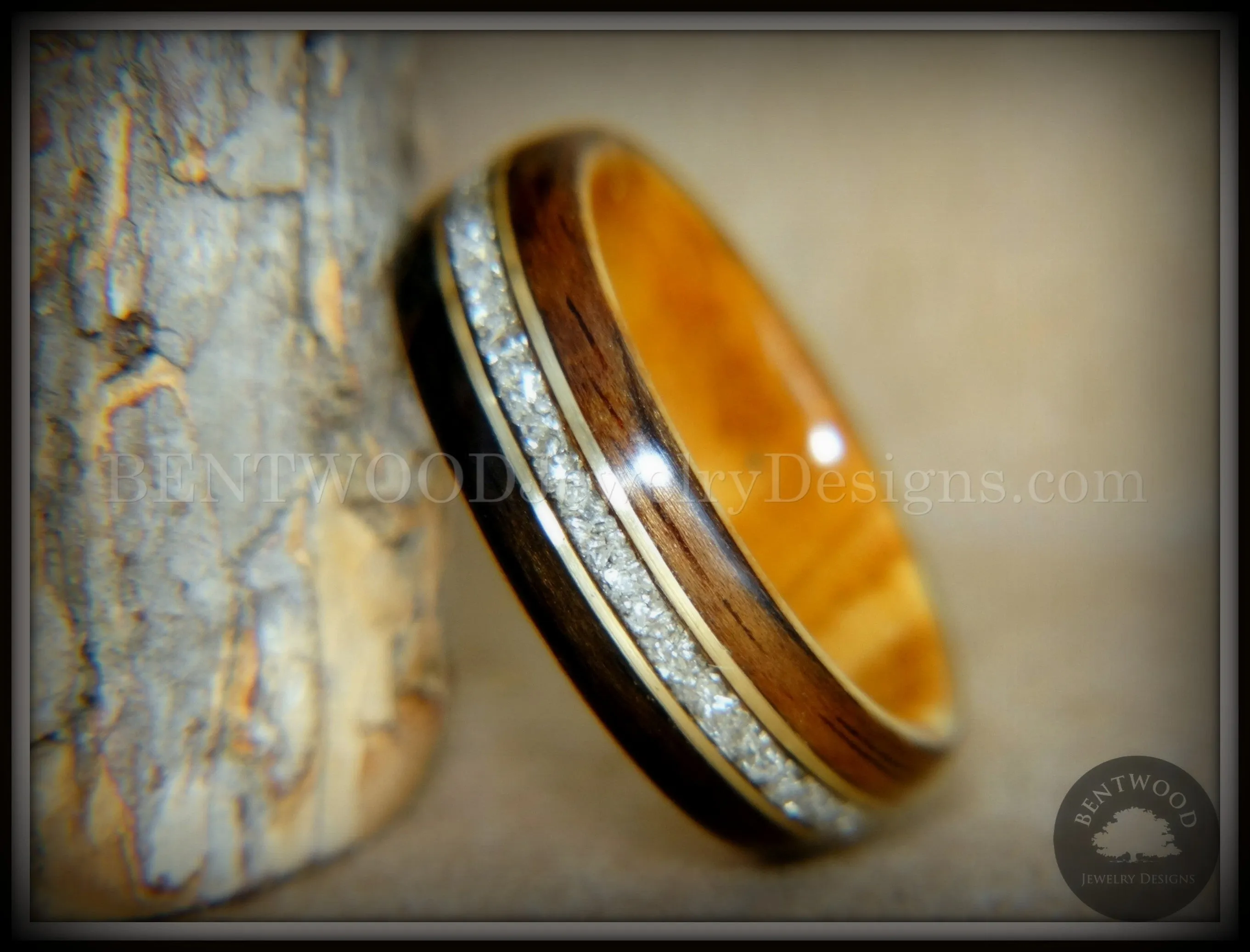 Bentwood Ring - "Tracks" Ebony Wood Ring Gold Wire and Glass Inlay