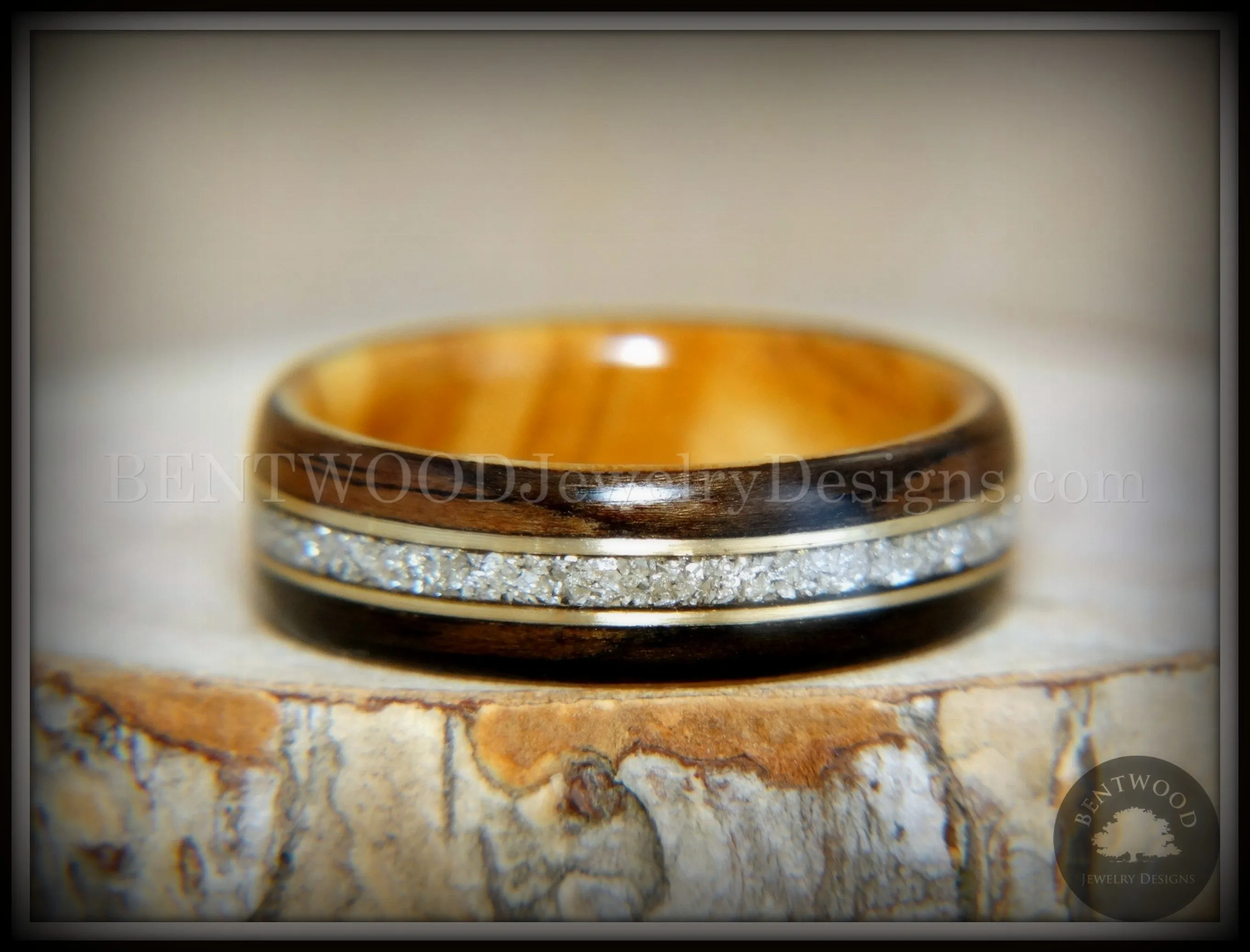 Bentwood Ring - "Tracks" Ebony Wood Ring Gold Wire and Glass Inlay