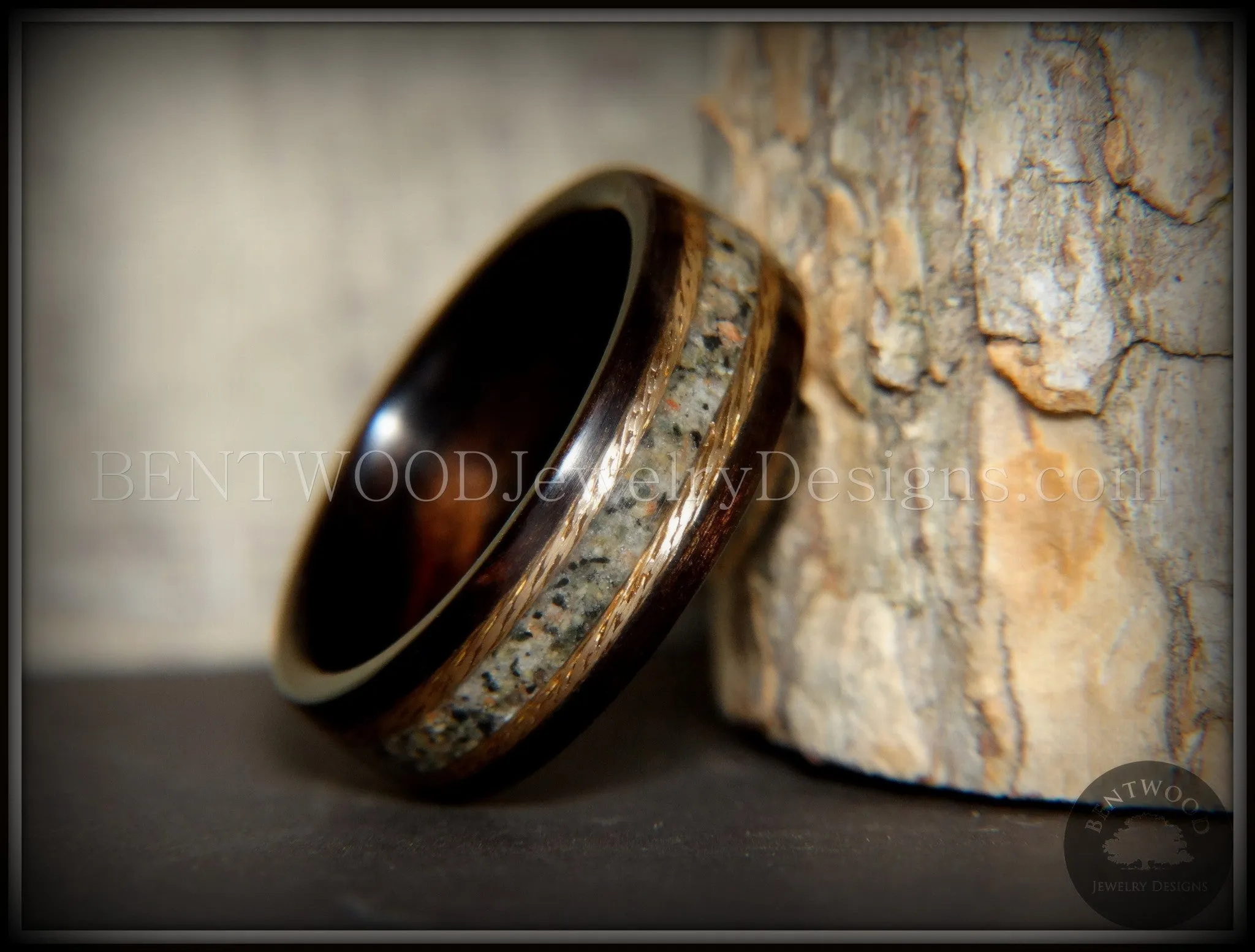 Bentwood Ring - "Tracks" Macassar Ebony Wood Ring Braided Gold and Canadian Beach Sand Inlay