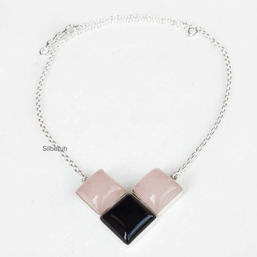 Black Onyx & Rose Quartz Silver Necklace