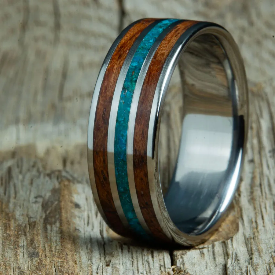Bubinga wooden ring with Chrysocolla inlay & titanium