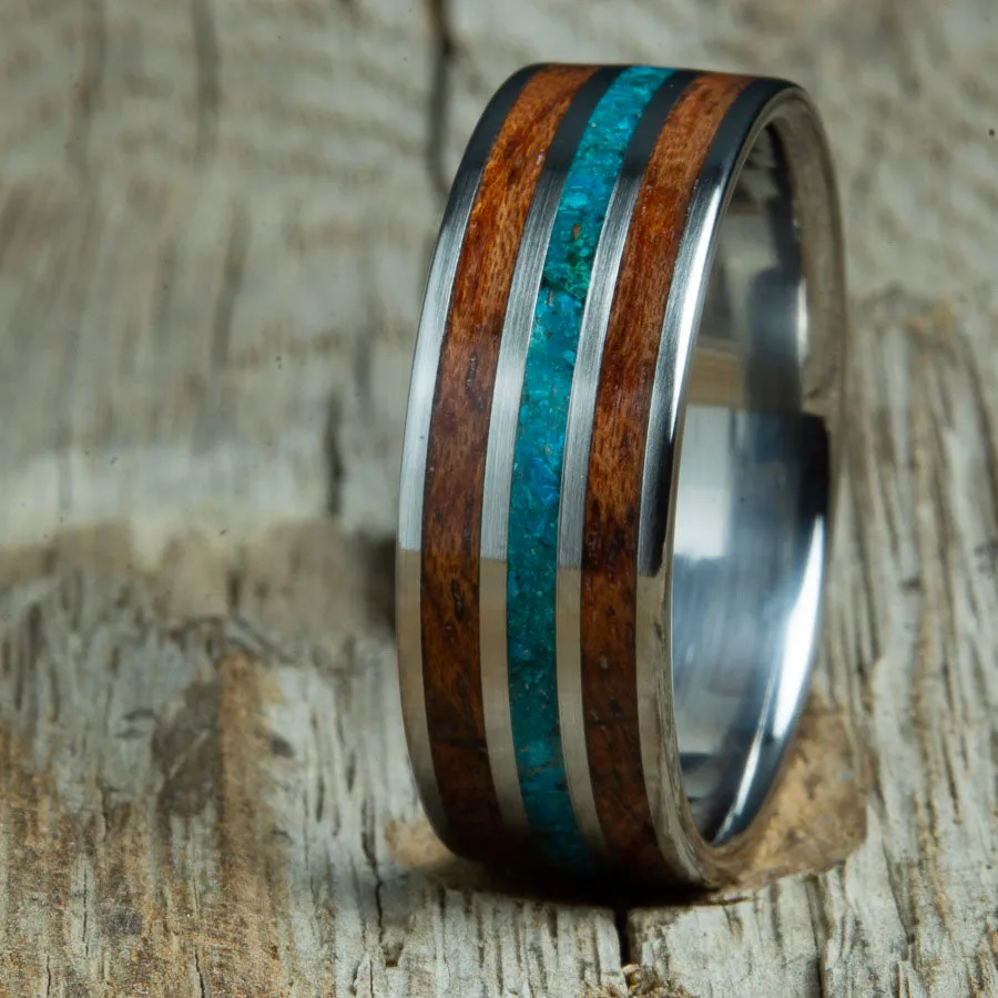 Bubinga wooden ring with Chrysocolla inlay & titanium
