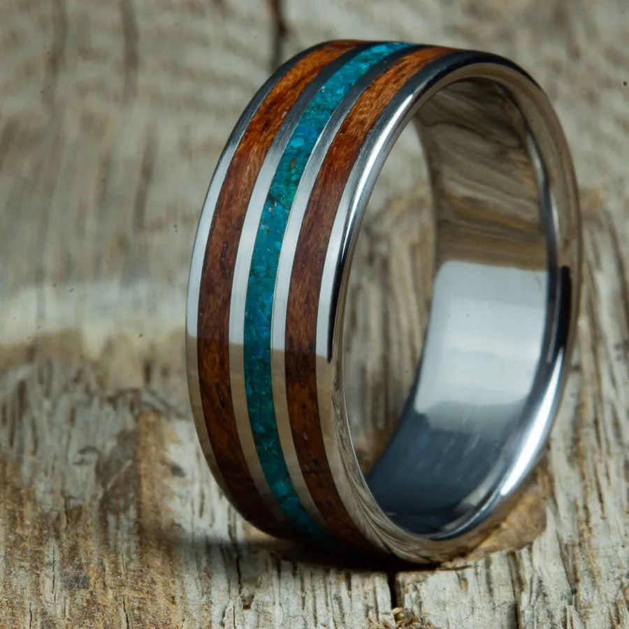 Bubinga wooden ring with Chrysocolla inlay & titanium