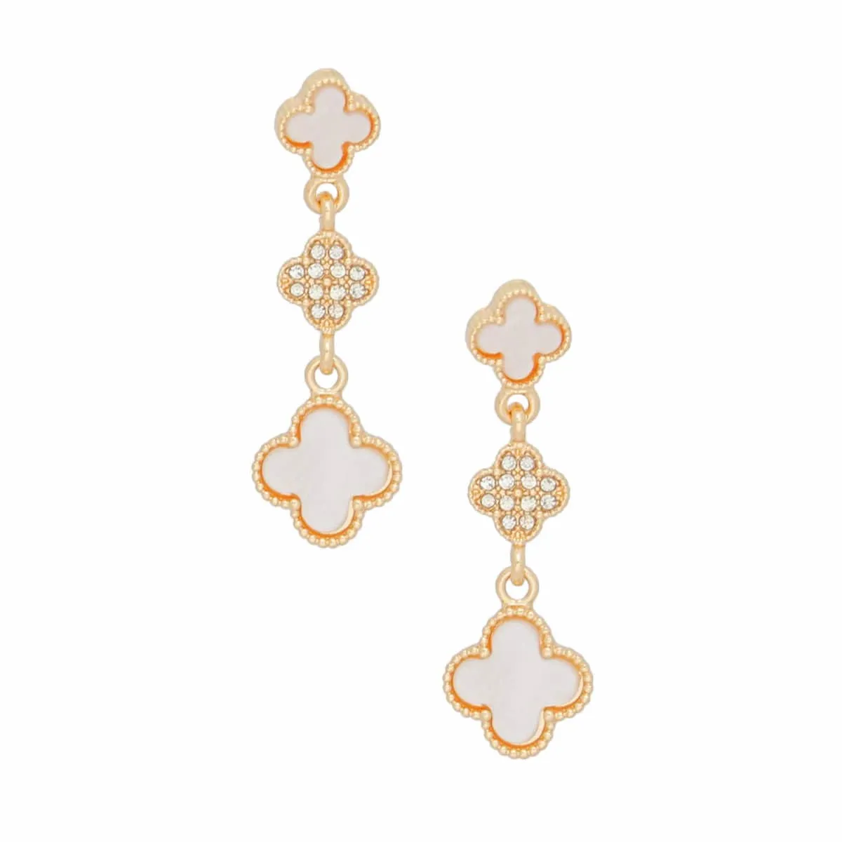 Dangle Gold White Quatrefoil Rhinestone Earrings
