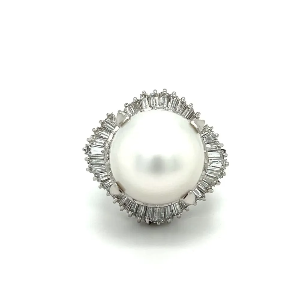 Estate Platinum South Sea Pearl and Diamond Ballerina Ring at Regard Jewelry in Austin, Texas