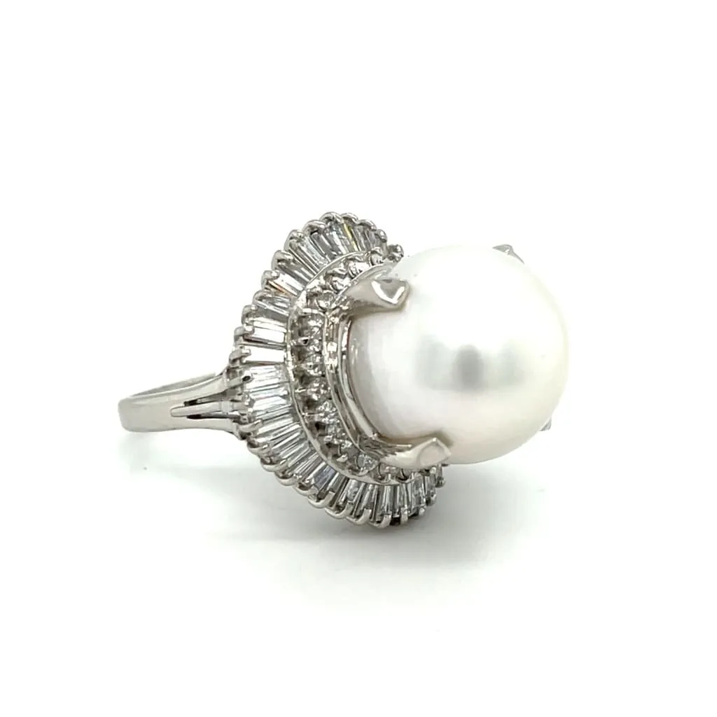 Estate Platinum South Sea Pearl and Diamond Ballerina Ring at Regard Jewelry in Austin, Texas