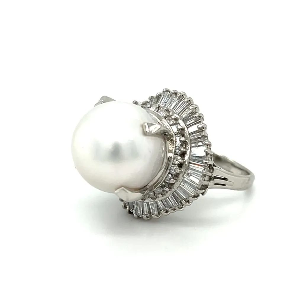 Estate Platinum South Sea Pearl and Diamond Ballerina Ring at Regard Jewelry in Austin, Texas
