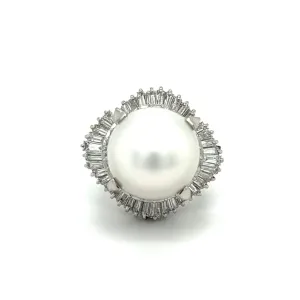 Estate Platinum South Sea Pearl and Diamond Ballerina Ring at Regard Jewelry in Austin, Texas