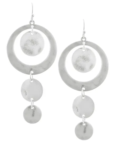 Geometric Round Hammered Silver Tone Dangle Earrings