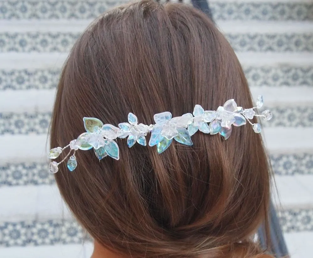 OOAK Handmade Bridal Veil Comb with Hand-wired Czech Glass Flowers and Leaves and Swarovski Crystals