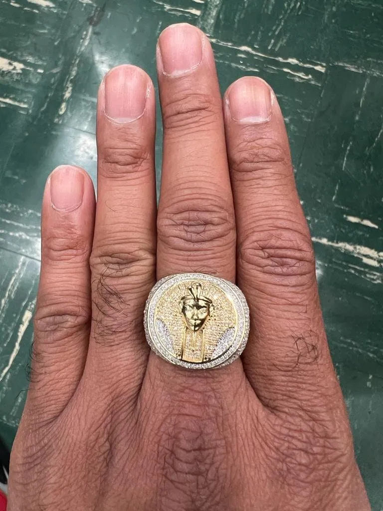 Pharaoh Egyptian King Ring, 10k Yellow Gold Real Diamond 0.90 CT, Pharaoh Head Ring, King Pharaoh Ring, Egyptian King Ring 10.51 Grams