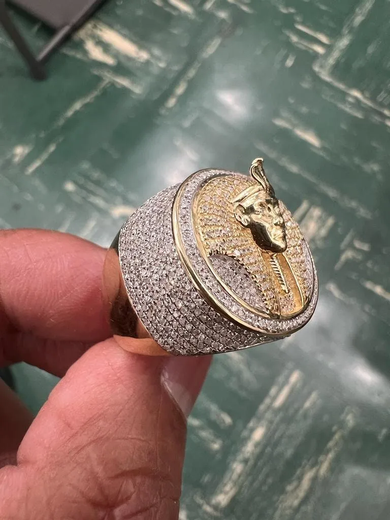 Pharaoh Egyptian King Ring, 10k Yellow Gold Real Diamond 0.90 CT, Pharaoh Head Ring, King Pharaoh Ring, Egyptian King Ring 10.51 Grams