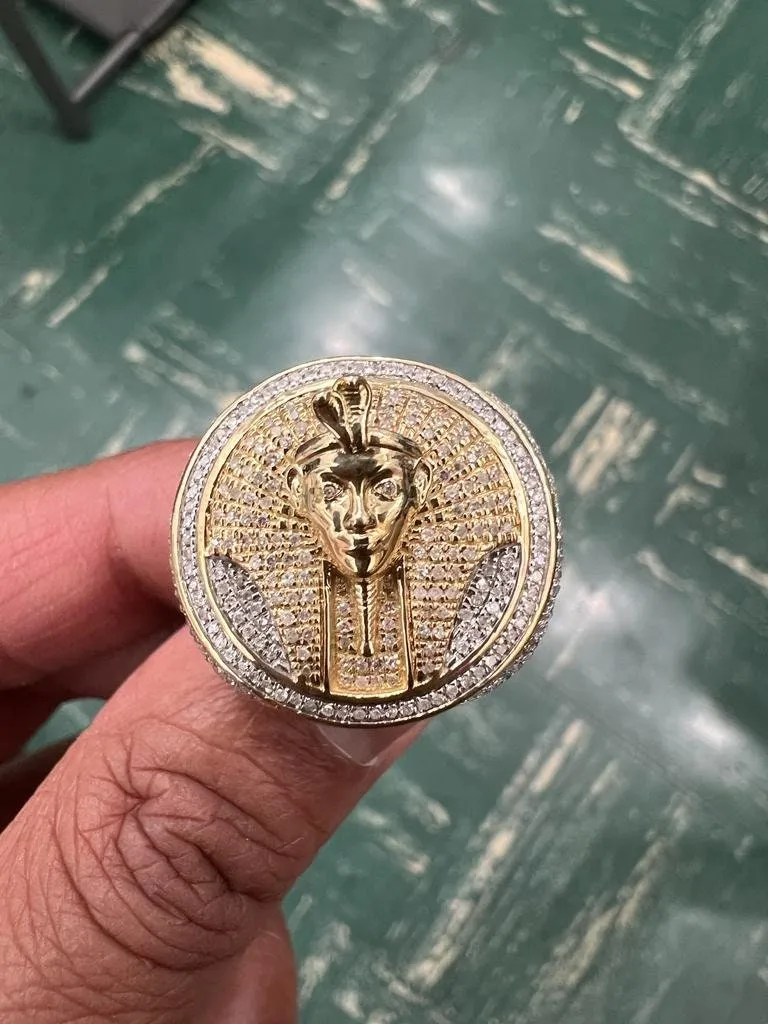 Pharaoh Egyptian King Ring, 10k Yellow Gold Real Diamond 0.90 CT, Pharaoh Head Ring, King Pharaoh Ring, Egyptian King Ring 10.51 Grams