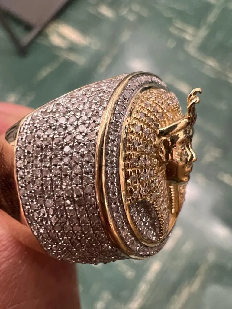 Pharaoh Egyptian King Ring, 10k Yellow Gold Real Diamond 0.90 CT, Pharaoh Head Ring, King Pharaoh Ring, Egyptian King Ring 10.51 Grams