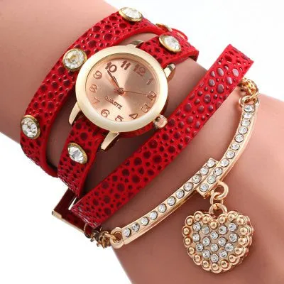 Rhinestone Heart Pendant Women Bracelet Quartz Wrist Watch