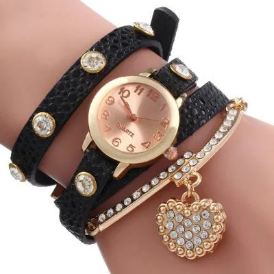 Rhinestone Heart Pendant Women Bracelet Quartz Wrist Watch