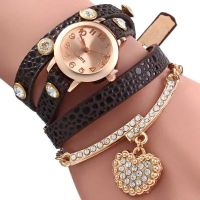 Rhinestone Heart Pendant Women Bracelet Quartz Wrist Watch