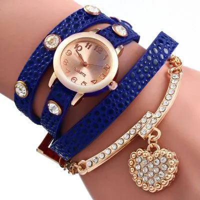 Rhinestone Heart Pendant Women Bracelet Quartz Wrist Watch