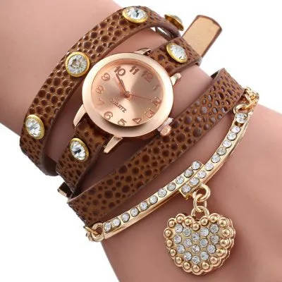 Rhinestone Heart Pendant Women Bracelet Quartz Wrist Watch
