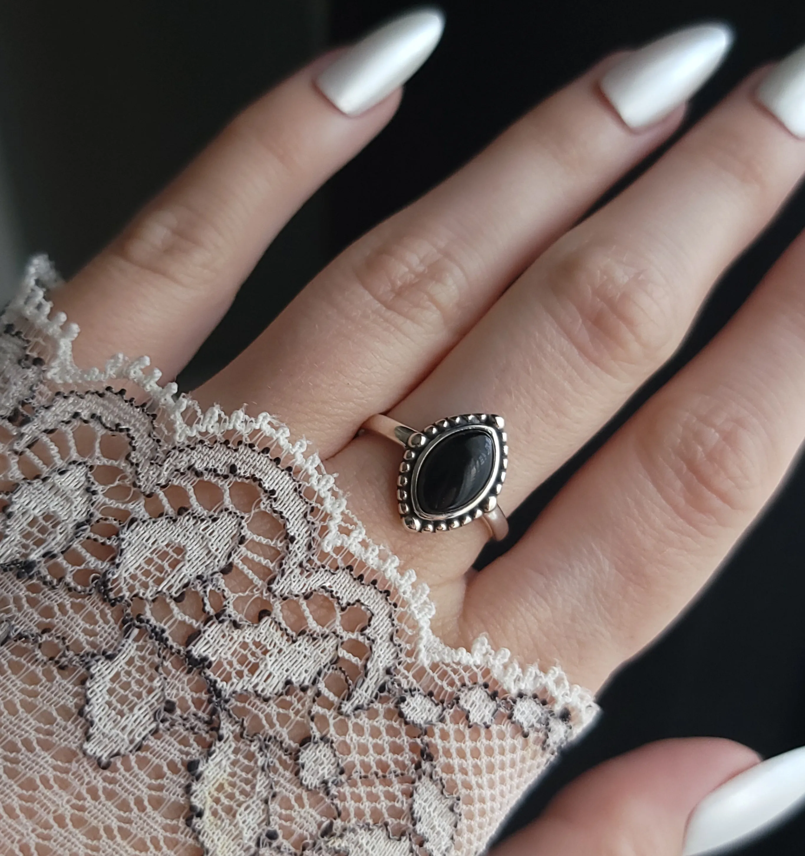 Sadie - Black Agate Marquise Ring - Sterling Silver Ring