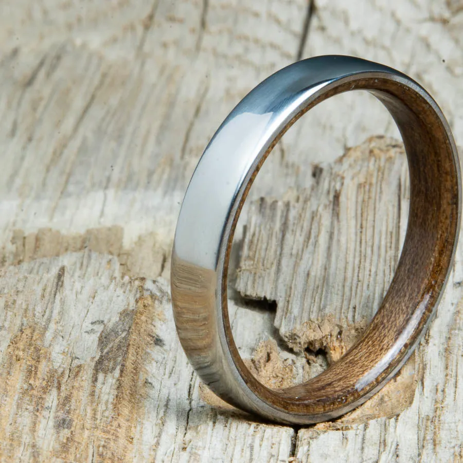 Traditional domed womens wood wedding band with Walnut wood