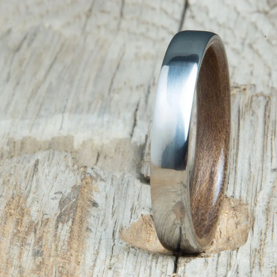 Traditional domed womens wood wedding band with Walnut wood