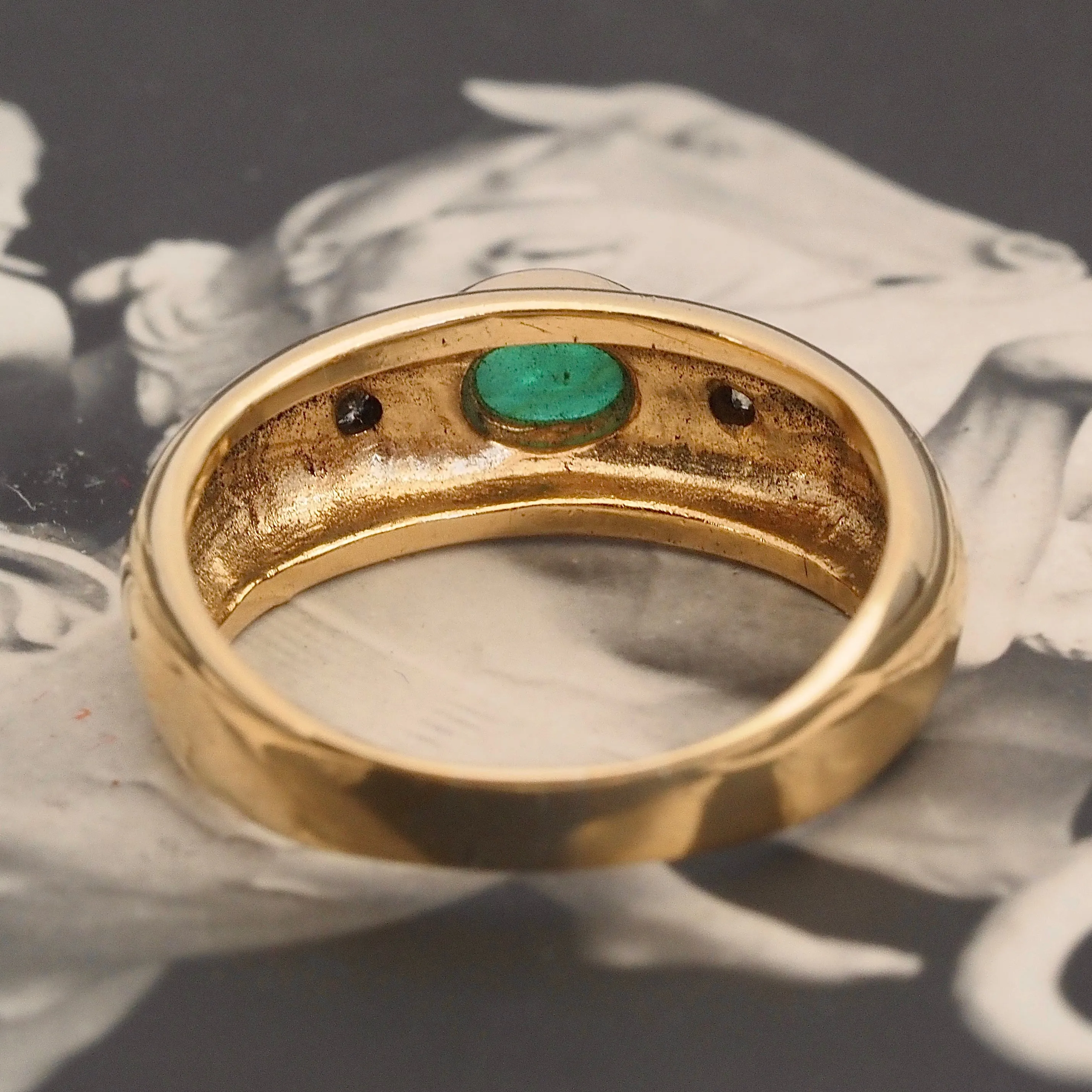 Vintage Emerald and Diamond 18k Gold Bezel Set Ring