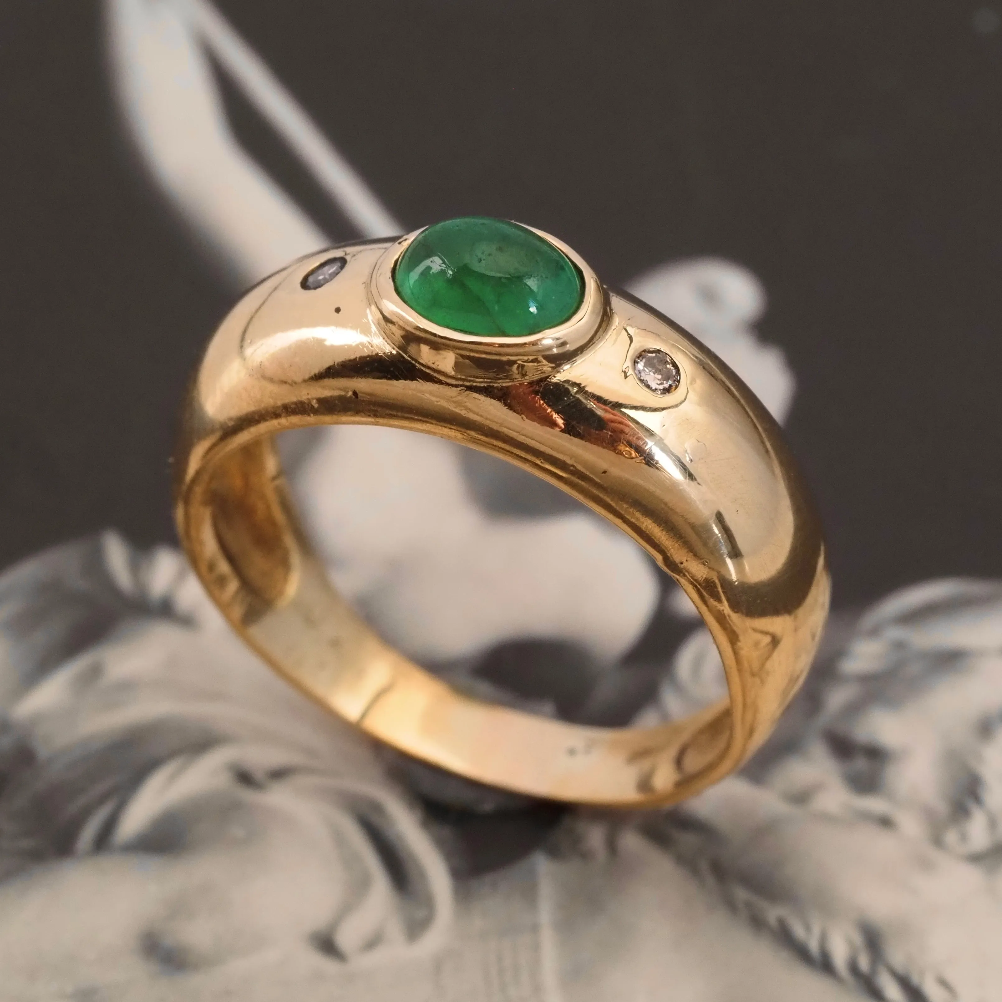 Vintage Emerald and Diamond 18k Gold Bezel Set Ring
