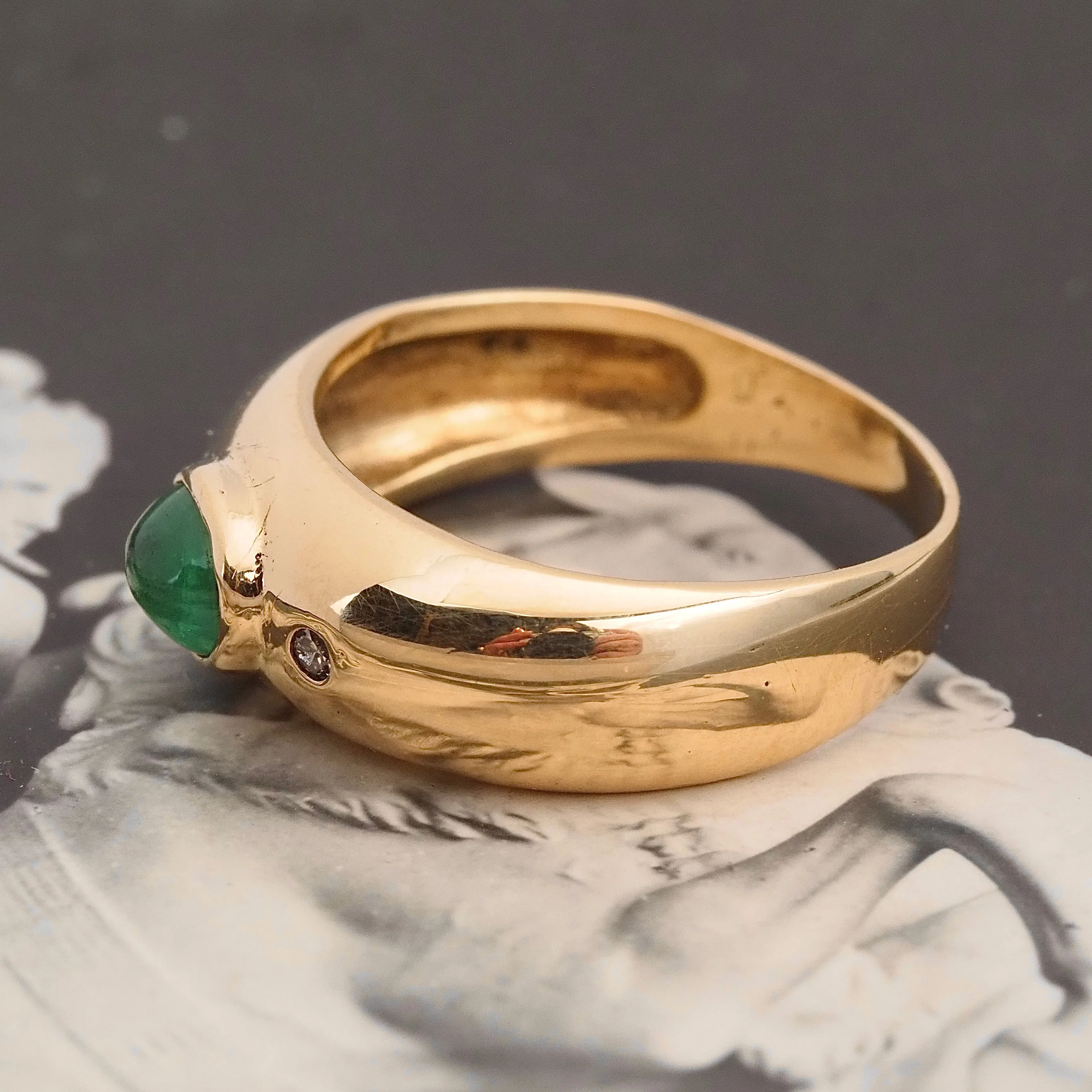 Vintage Emerald and Diamond 18k Gold Bezel Set Ring