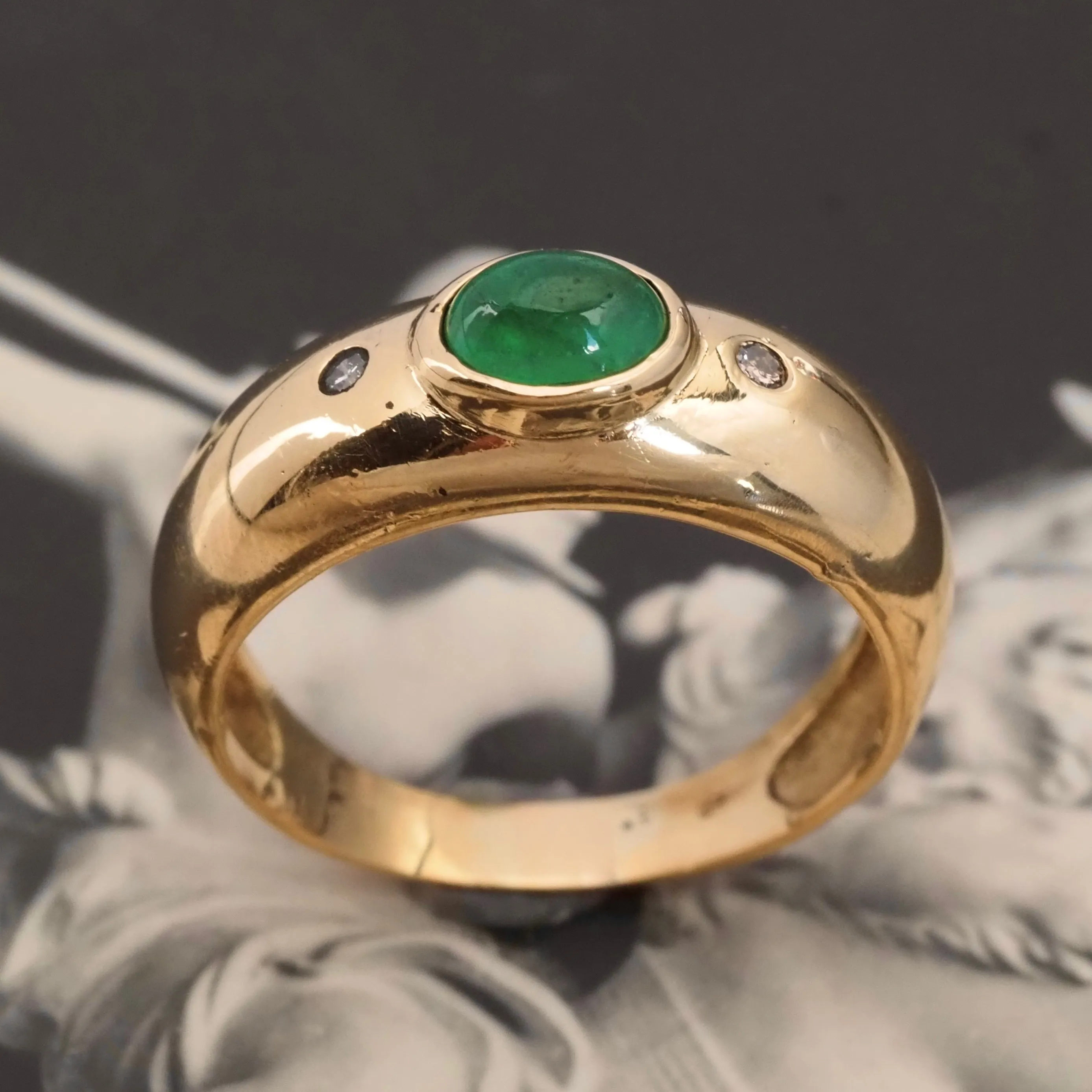 Vintage Emerald and Diamond 18k Gold Bezel Set Ring
