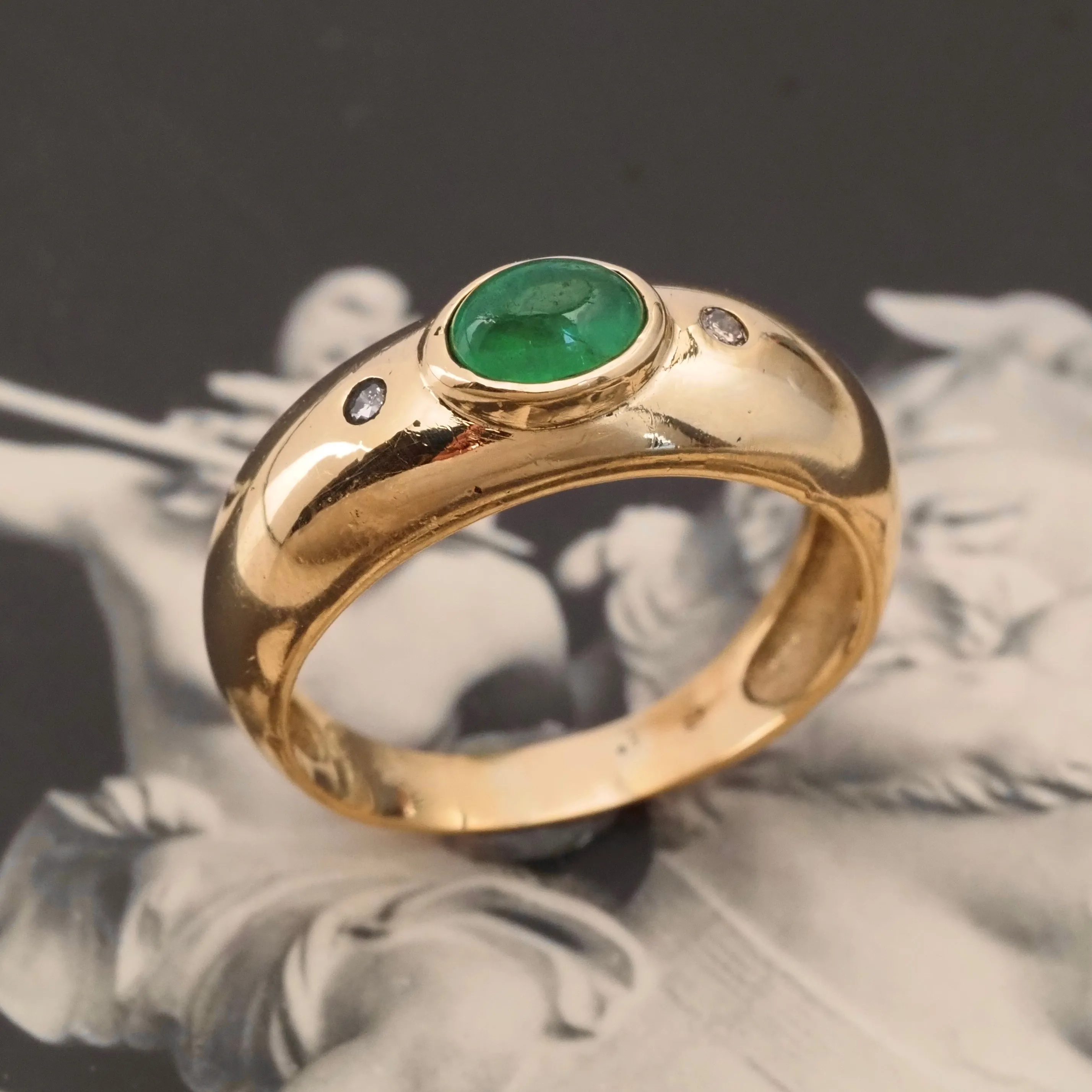 Vintage Emerald and Diamond 18k Gold Bezel Set Ring